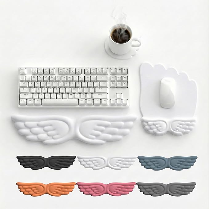 Angel Wing Keyboard Wrist Rest Set, 3 Piece Cloud Wrist Rest for Computer Keyboard with Mouse Wrist Rest and Coaster, PU Leather Memory Foam Wrist Support for Office, Home and Gaming (White - A)