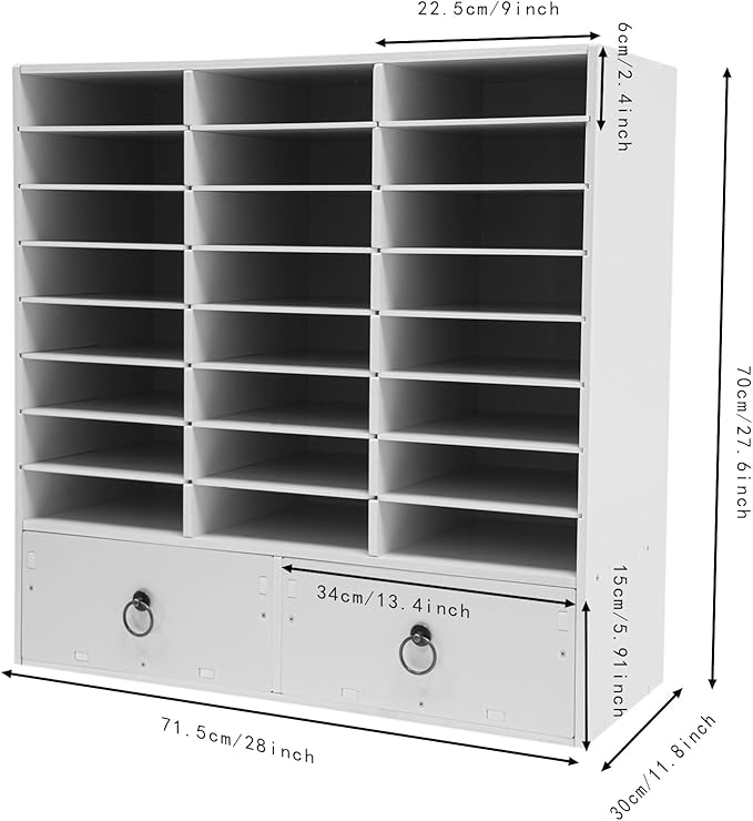 DYRABREST Wooden Literature Organizer 24 Slots Paper and Mail Organizer Storage Cabinet Desktop File Sorter with 2 Drawers, Adjustable Shelves for Home & Office School Mailrooms