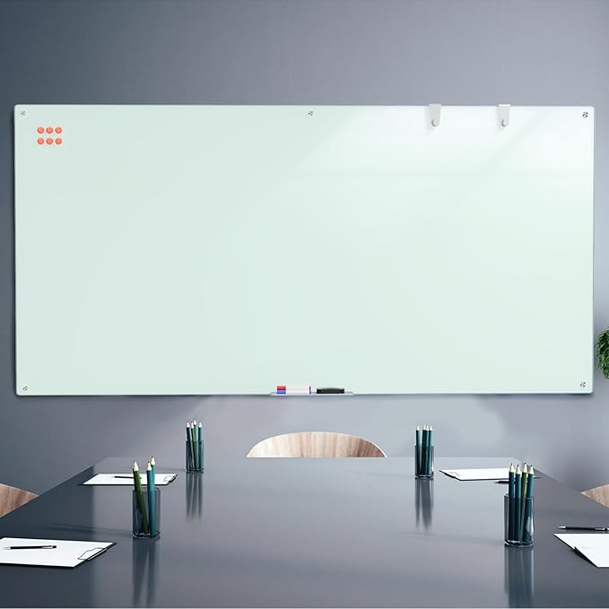0.3mm Reinforced Metal Backing Glass White Board for Wall, 96" x 48" Extra Large Magnetic Tempered Glass Dry Erase Board with Frameless Design, 8' x 4' Glass Board for Home, Office, School