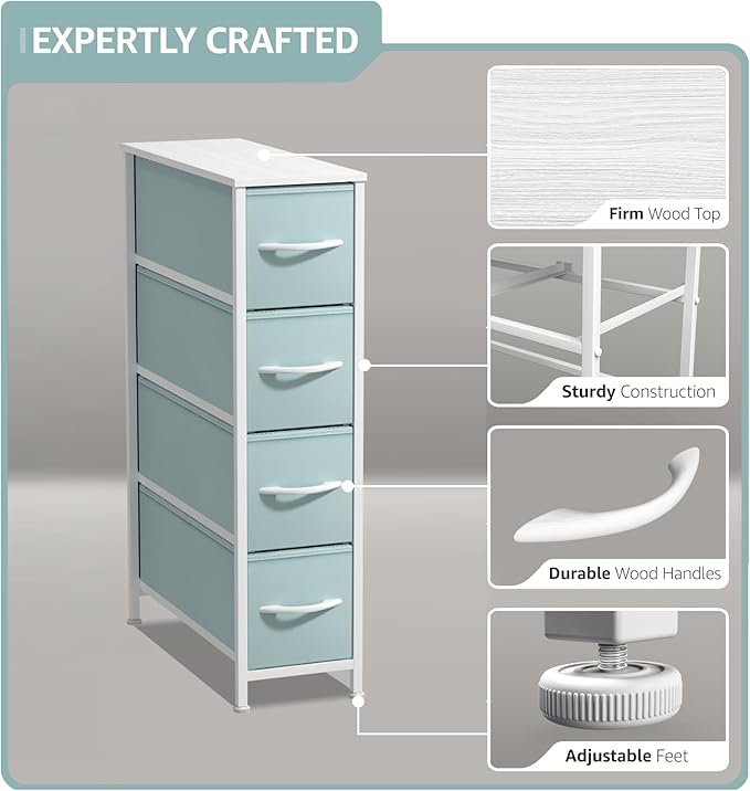 Sorbus Kids Narrow Dresser with 4 Drawers - Vertical Slim Storage Chest of Drawers with Steel Frame, Wood Top & Easy Pull Fabric Bins for Small Spaces, Closets, Bedroom, Bathroom & Laundry