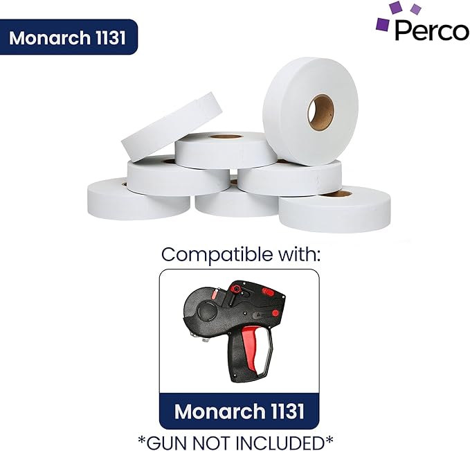 Perco White Pricing Labels for Monarch 1131 Price Gun - 1 Sleeve, 8 Rolls, 20,000 Price Marking Labels - with Ink Roll Included