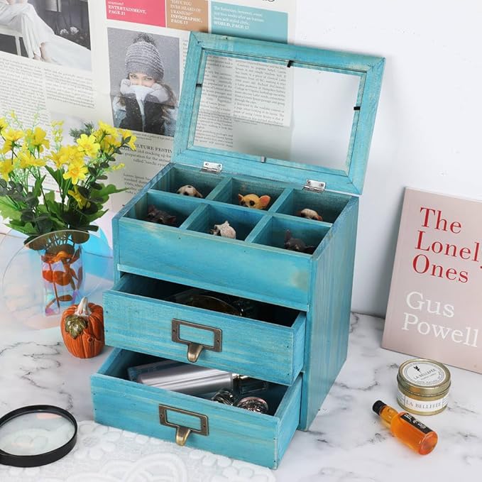 Wooden Storage Box Wooden Desk Organizer with 2 Drawers and 6 Grids Apothecary Drawers Small Wooden Drawers Small Craft Storage Containers Jewelry Holder for Women(Glass Blue02)