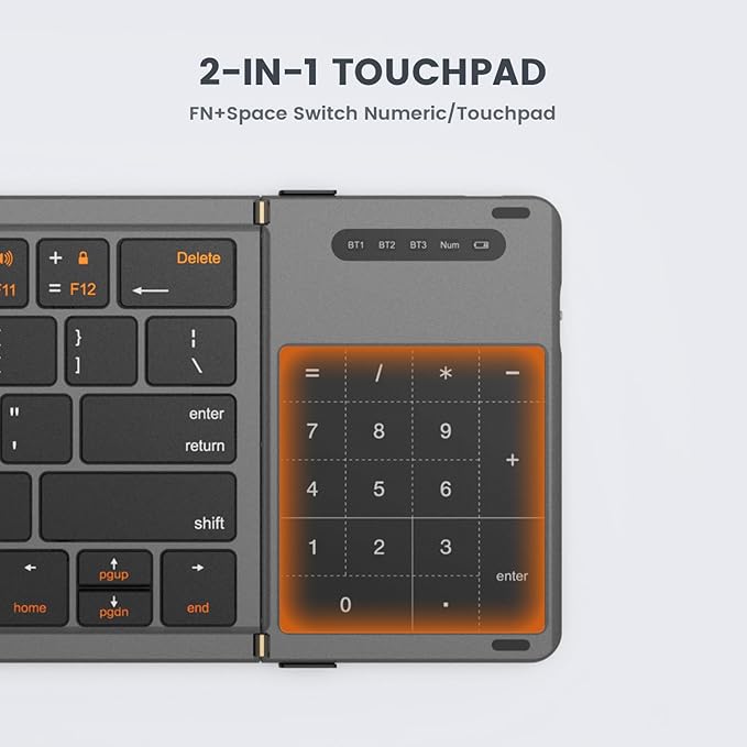 Foldable Bluetooth Keyboard, Portable Full Size Folding Keyboard with Touchpad, Numeric Keypad, PU Leather, Wireless TravelKeyboard for Windows Android Mac(Sync up to 3 Devices)