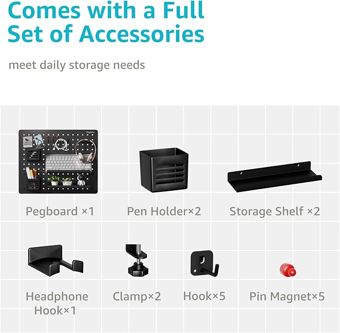 PEGZONE Clamp-on Desk Pegboard, Desk Organizer for Office Gaming Home, Magnetic Metal Peg Board with 15 Accessories, Privacy Panel for Office, 20.4" x 16.5", Large, Black