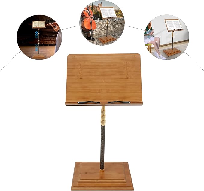Sheet Music Stand & Desktop Book Stand, Rotatable Music Book Holder Stand,Wooden Portable Sheet Music Table Stand Height Adjustable from 27.5-59in with Book Stand Support, Carrying Bag