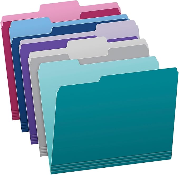 Pendaflex Two Tone Color File Folders, Letter Size, Assorted Colors (Teal, Violet, Gray, Navy and Burgundy), 1/3-Cut Tabs, 5 Color, 100/Box, (02315)