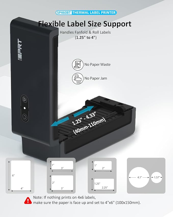 iDPRT Bluetooth Thermal Shipping Label Printer, 4x6 Wireless High-Speed Label Maker for Small Business, Compatible with Android, iPhone, Windows & Mac for Amazon, Ebay, Shopify, USPS, SP460BT