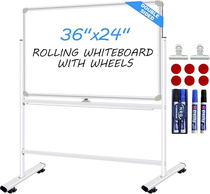 Dry Erase Board with Stand - 36x24 Inches Double-Sided Magnetic Mobile whiteboard on Wheels, Rolling White Board with Stand for Meeting, Training, Whiteboard Easel for Home Office Classroom School