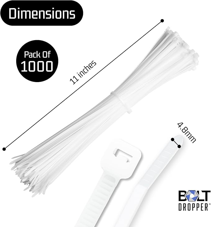 Bolt Dropper 11-Inch White Zip Ties, 1000-Pack - Heavy Duty Self-Locking Nylon Cable Ties with 50 lbs Tensile Strength - Indoor and Outdoor Cable Management Wire Tie - UV Resistant Zip Tie Wraps