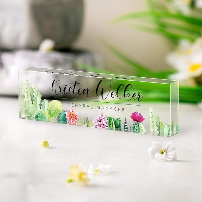 Personalized Office Name Plate for Desk, Custom Employee Appreciation Gifts, Acrylic Desk Name Plate Funny, Desk Decorations Gift, Acrylic Desk Ornaments (Style-Cactus)…