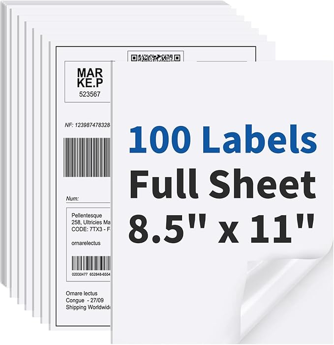 100 Sheets Sticker Paper Matte White, 8.5" x 11" Label Paper for Laser & Inkjet Printer, Full Sheet Label for Shipping Address Mailing