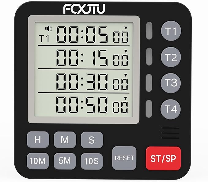 FCXJTU Digital Dual Kitchen Timer, 4-Channel Magnetic Countdown Timer for Cooking, On/Off, Large Display Multi Food Loud Alarm Silent for Classroom Seniors Battery Included (Black)