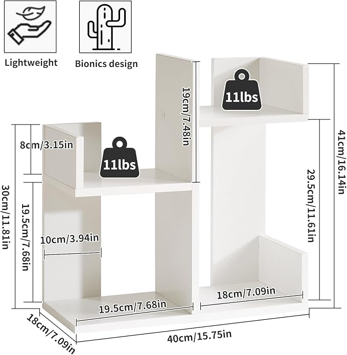Small White Desk Organizer, 2 Tier Tree Cactus Bookshelf, Desktop Organizer Wood, Small Plant Shelf White YD-DSR002W