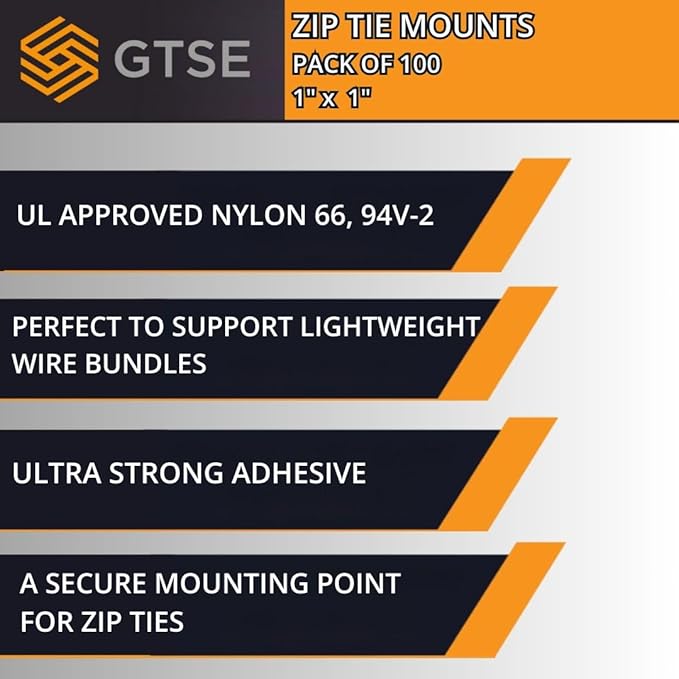 GTSE 100 Pack White Zip Tie Mounts, 1" Adhesive Mounting Squares, Cable Tie Mount, Cable Clips Organizer Holders, Zip Tie Anchor for Wire Bundles, UV Resistant Tie Wrap Bases