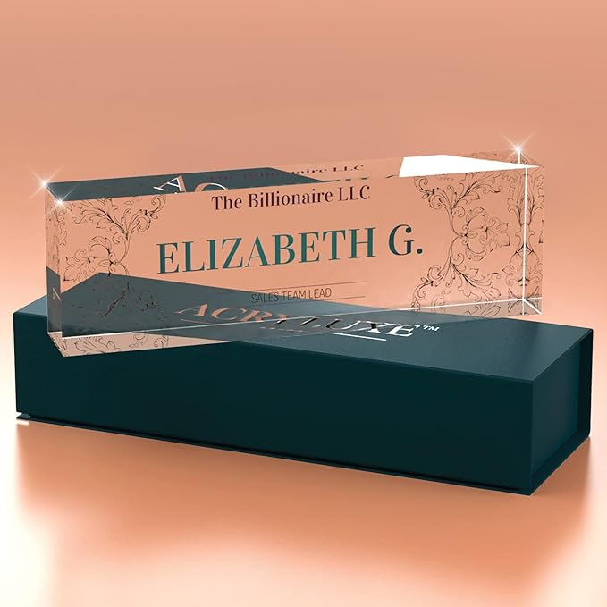 Desk Name Plate Personalized, Custom Name Plates 2½/x8 Inches, Thick Crystal-Clear Acrylic, Gift Box, Office Desk Decor. USA Made by ACRYLUXE (Belvedere)
