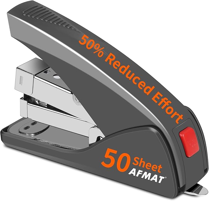 AFMAT Effortless Stapler for Desk, 50 Sheet Desktop Stapler, Ergonomic Office Staplers, One Finger Touch Stapling, Built-in Remover, Portable & Space Save Size, Good for Home & Office ES10(Gray)
