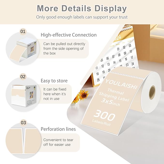 YOULAISHI 3 X 5 Inch Printable Waterproof Rectangle Color Coding Labels, 300 Per Roll Adhesive Color Coding Stickers for Bar-Codes, Address, Small Business Labeling, Light Brown