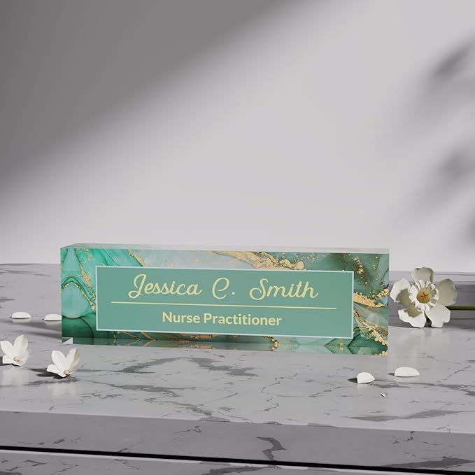 Office Desk Name Plate Personalized, Custom Plates for Desks on Acrylic Glass, Decor Nameplate, Accessories, Personalized Gift Boss Coworkers (Green Marble),(731)