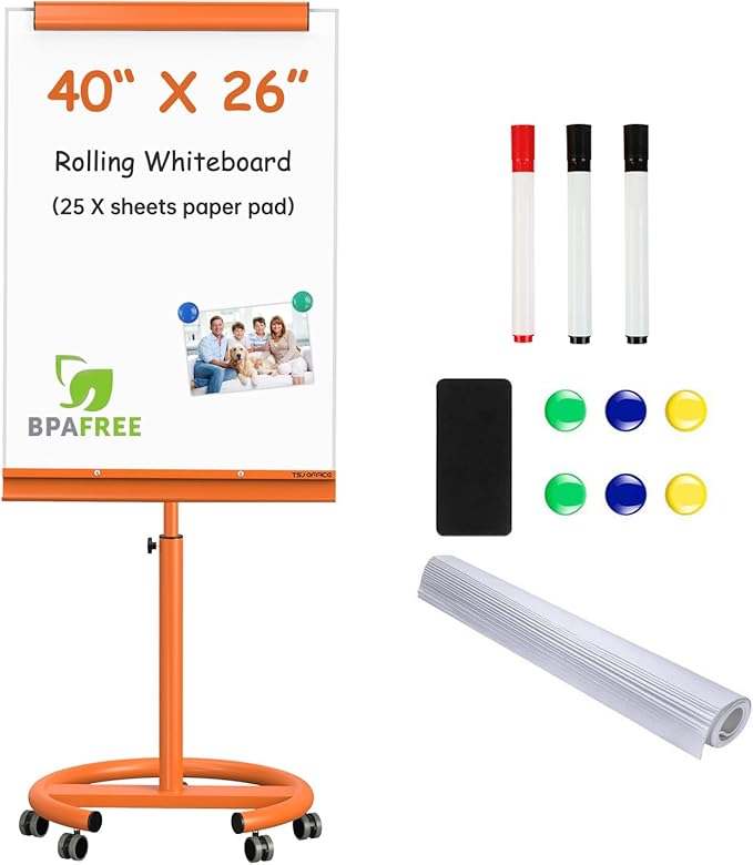 TSJ OFFICE Mobile Whiteboard Magnetic - 40 x 26 Inches Dry Erase Board on Wheel with Stand Flipchart Easel Height Adjustable,Orange