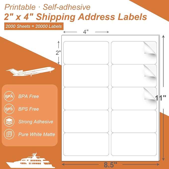 PAPRMA 2" x 4" Shipping Address Label for Laser Inkjet Printer 2000 Sheets, 8.5x11 Printable Sticker 10up/Page, 5163 White Adhesive Mailing Labels for Package Envelope