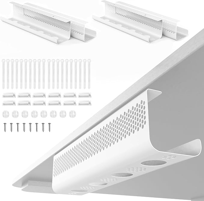 KHAMAL Cable Management Under Desk 52PCS - Cable Management Tray Kit Ventilated Hexagonal Design with Cable Clips, Wire Ties, Cord Holder & Screws for Office, Home - 4 White Sets