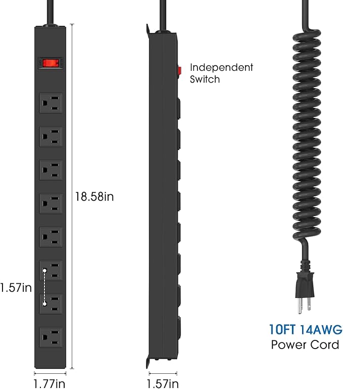 HHSOET 2 Pack 8 Outlet Metal Wall Mount Power Strip, Surge Protector Long Power Strip with Switch, Heavy Duty Wide Spaced Surge Protector, 10 FT SJT 14AWG Black Spring Cord.