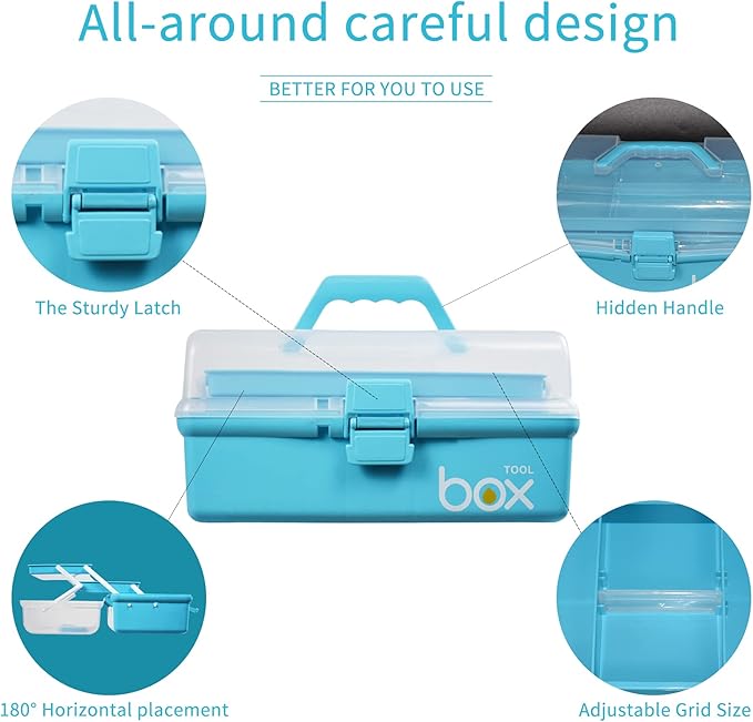 12in 3-Layer Plastic Craft Organizers and Storage, Portable Folding Tackle Box with Handle & Adjustable Dividers, Multipurpose Case for Sewing, Art Supplies, Medicine, Tools (Blue)