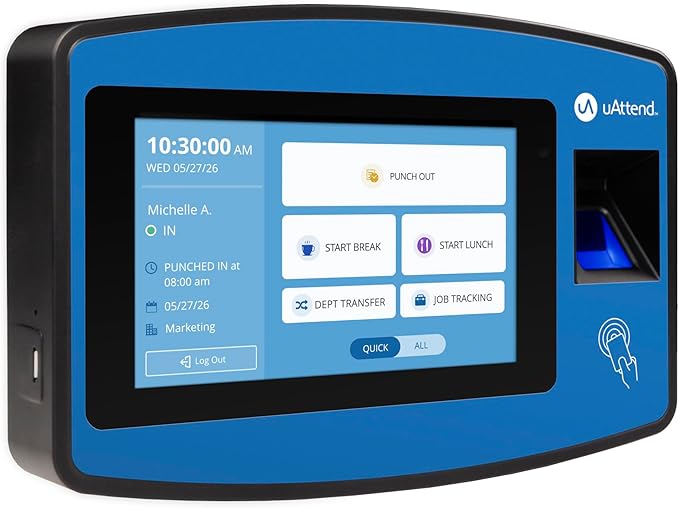 uAttend NX2500 Biometric Fingerprint, RFID, PIN Time Clock for Small Business – Cloud-Based Attendance System with Optional Payroll Integration – All-in-One System