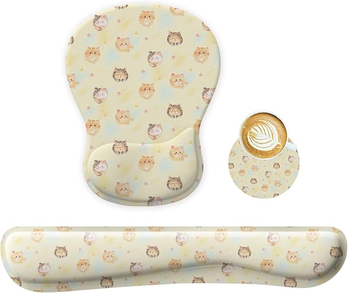 Wrist Rest Support for Mouse Pad Keyboard Set Circle Coaster Gaming Mouse Pad Ergonomic Gel Memory Foam Set for Computer, Laptop, Office, Pain Relief, Comfortably Typing Cat KM-35