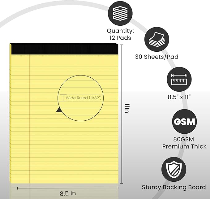 12pcs Legal Pads 8.5 x 11,Notepads 8.5 x 11 Inch, 30 Sheets/Pack, Yellow Note Pads Clear Print Writing Pads of Paper, Perforate Wide Ruled Lined with Sturdy Back for Office, Business & School Supplies
