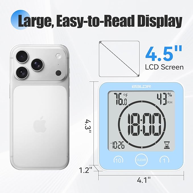 Baldr Shower Clock Waterproof Bathroom Clock with Timer/Temperature/Humidity, Digital Timers for Kids and Adults, Bath Kitchen Study, Blue