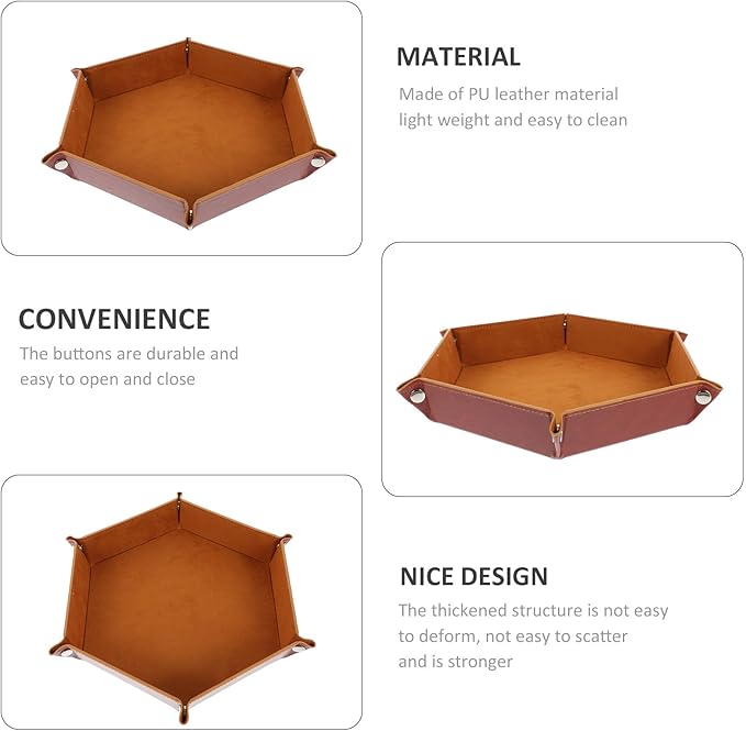 PU Leather Hexagonal Folding Tray Desktop Storage Organizer for Jewelry Keys Coins Home Accessories and Comfortable Catchall Plate with Elegant Brown Finish for Versatile Use