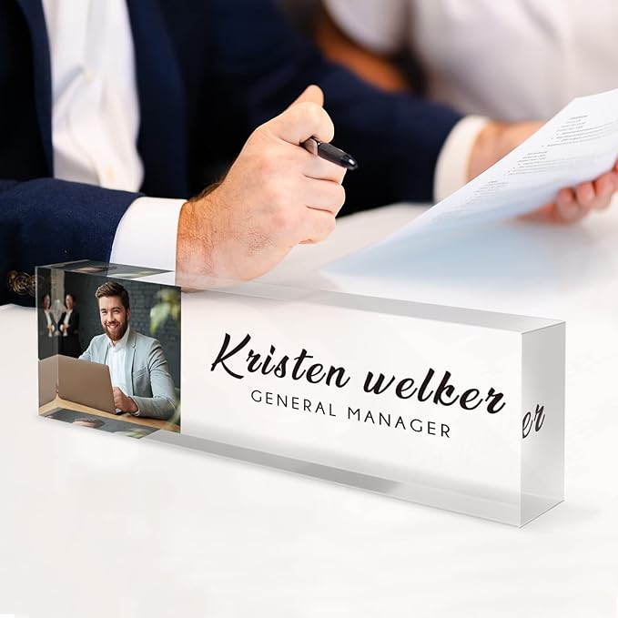 Desk Name Plate Personalized, Custom Name Plates for Desks, Office Desk Decor, Clear Acrylic Glass Block with Photo, Personalized Office Gifts for Women Men Coworkers Boss Teachers, Appreciation Gifts