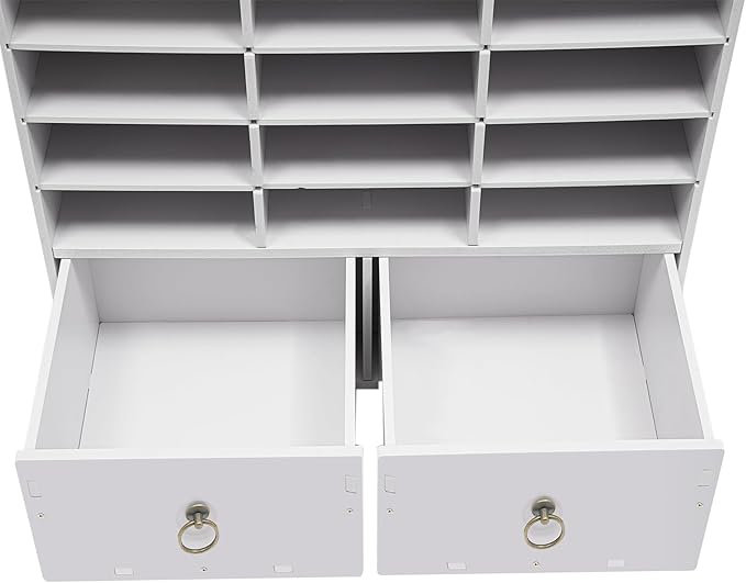 DYRABREST Wooden Literature Organizer 24 Slots Paper and Mail Organizer Storage Cabinet Desktop File Sorter with 2 Drawers, Adjustable Shelves for Home & Office School Mailrooms