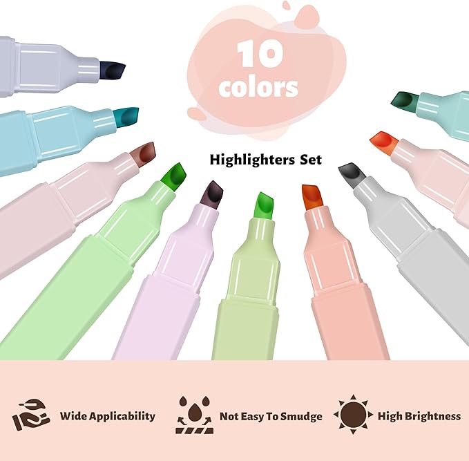 Piochoo Bible Highlighters,10Pcs Chisel Tip Aesthetic Markers,Pastel Highlighters for Journaling Planner Notes School Supplies