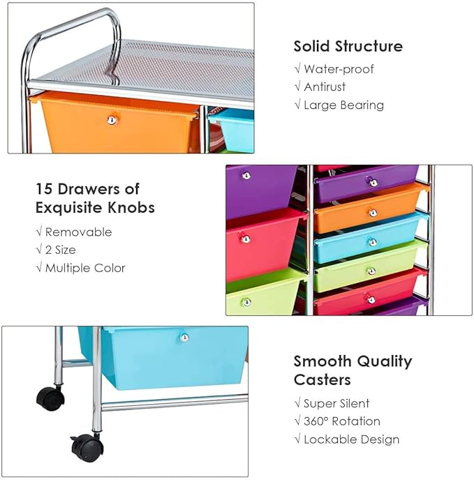 ARLIME 15-Drawer Storage Cart, 15 Drawer Trolley, Rolling Organizer Cart, Scrapbook Paper Organizer, Suitable for Office and School, Rolling Office Storage Tools (Multicolor)