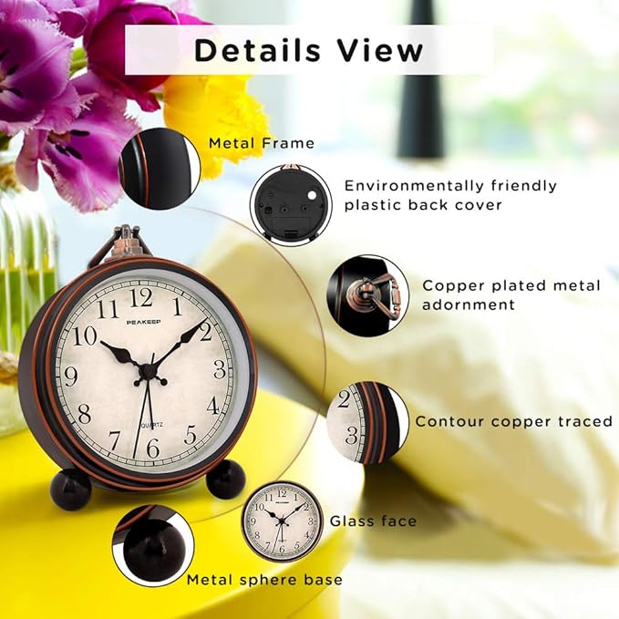 Peakeep 4" Small Battery Operated Antique Retro Analog Alarm Clock with Contour Lines in Gold for Room Decors, Silent Elegant Bedside Desk Gift Clock
