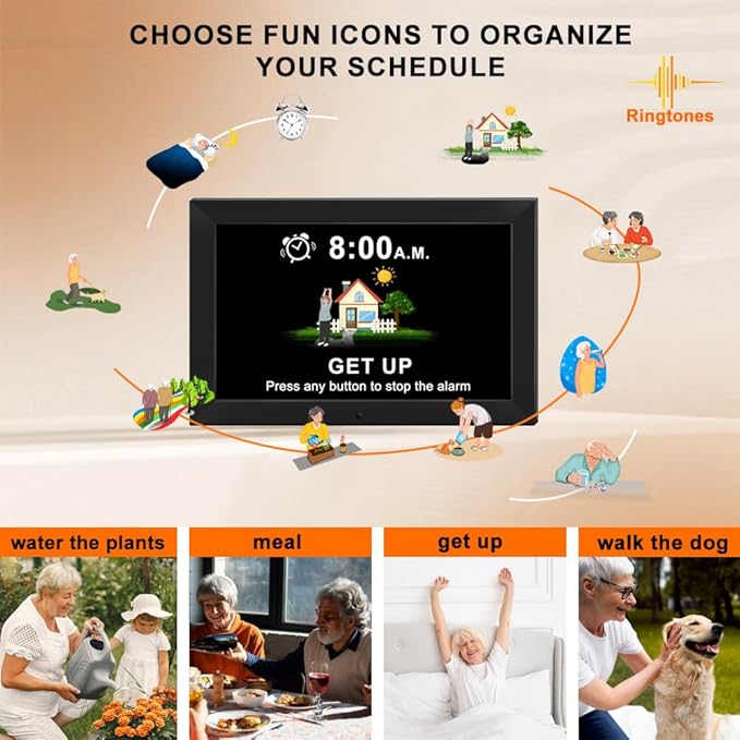 Digital Alarm Clock for Seniors - No-Abbreviation Date HD Display Auto Dimming Photo FrameWhite Noise DST Adjustment, Ideal Gift for Elders (10inch Black)