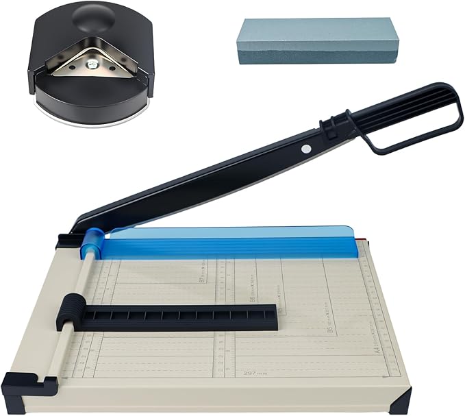 12" Guillotine Paper Cutter and Trimmer with Corner Rounder Cutter & Sharpening Stone,Heavy Duty 16 Sheet Capacity Metal Base for A4,Cardstock,Photo Paper,Office School Craft Use-Updated
