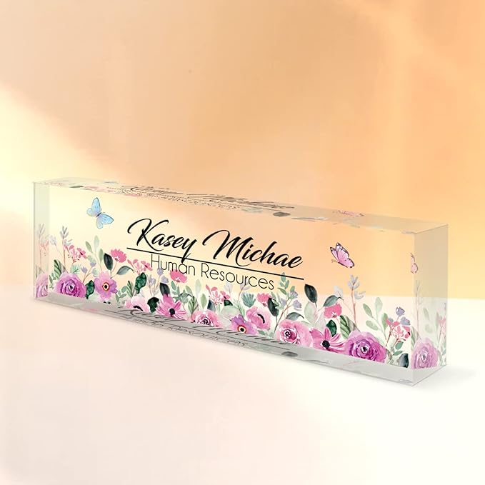 SalaGraphics Desk Name Plate Personalized, Custom for Desk, Office Decor Women Men, Acrylic Accessories, Gifts Coworkers Boss Teacher, Employee Appreciation (Flowers B) 8”(L)x2.5(W)