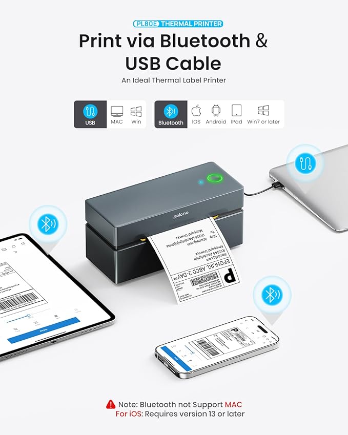 POLONO Bluetooth Thermal Shipping Label Printer, Wireless 4x6 Shipping Label Printer for Small Business, Support iOS, Android, Windows, Mac. Compatible with Amazon, Ebay, Shopify, Etsy, USPS (Grey)