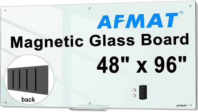 AFMAT Magnetic Glass Whiteboard, 96" x 48" Glass Dry Erase Board, 4mm Tempered Glass w/Strong Magnetic Surface, Large White Board for Wall, Frameless Wall Mounted White Board for Office Home School