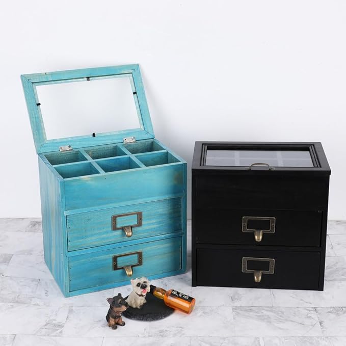 Wooden Storage Box Wooden Desk Organizer with 2 Drawers and 6 Grids Apothecary Drawers Small Wooden Drawers Small Craft Storage Containers Jewelry Holder for Women(Glass Blue02)