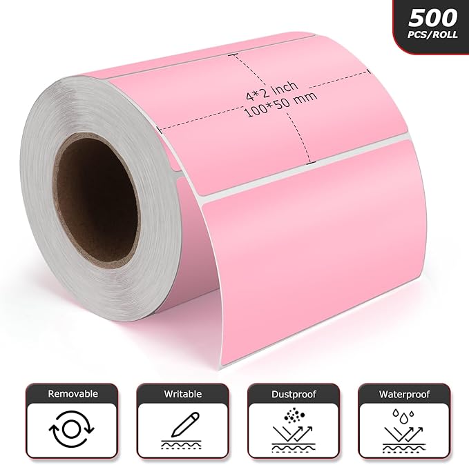 Meitaat Pink Rectangle Stickers 4 x 2 Inch Color Coding Labels Vinyl Roll Self-Adhesive Waterproof Removable 500 PCS