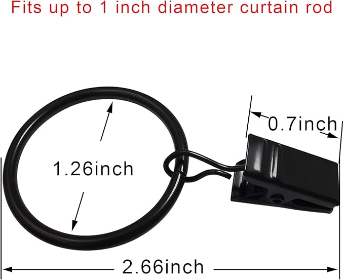 AMZSEVEN 90 Pack Curtain Rings with Clips, Drapery Clips with Rings, Drapes Rings 1.26 in Interior Diameter, Fits up to 1 in Curtain Rod, Black