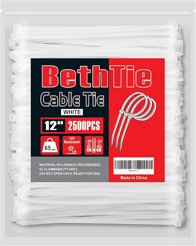 12 Inch White Zip Ties (2500 Pack), 65 LBS Tensile Strength, Self-Locking Nylon PA66 UV Resistant Cable Ties for Indoor and Outdoor Use