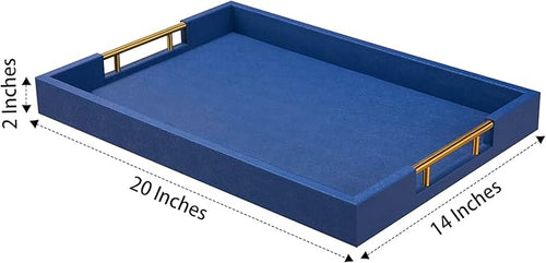 14x20 Inches Blue Faux Leather Wrapped Wood Serving Tray with Metal Handles for Various Occasions, Ottoman, Home Decor Decorative, Living Room, Coffee Table Organizer, Serving Breakfast On Bed