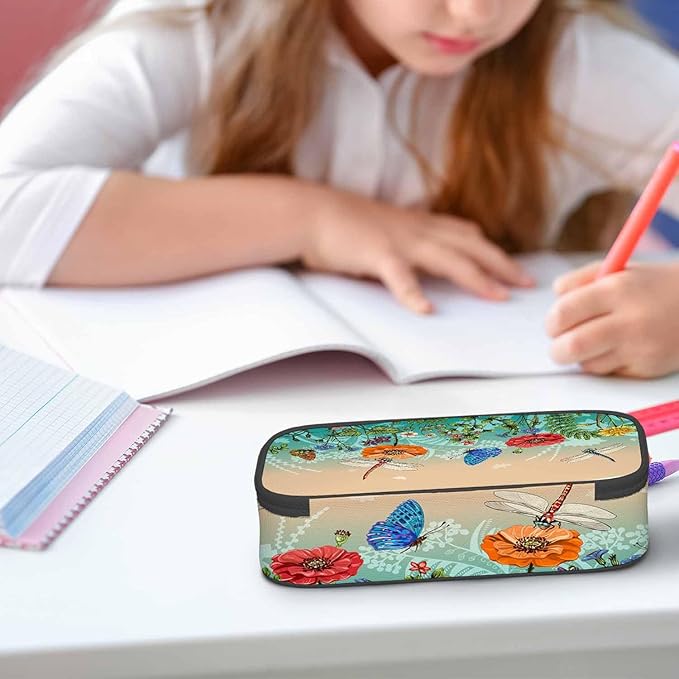 Dragonflies Butterflies Pencil Case Flowers Grass Plants Summer Pencil Bag Pen Markers Pouch Holder Organizer for Boy Girl School Students