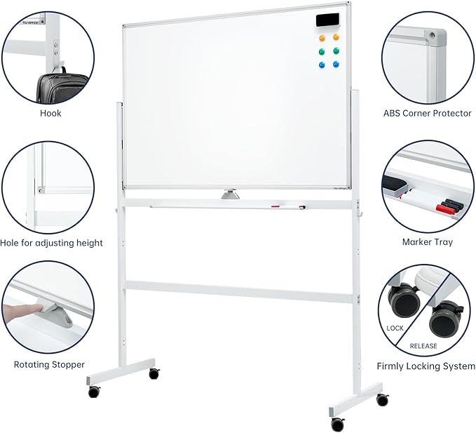 Large Dry-Erase Rolling Magnetic Whiteboard - 48 x 32 Inches White Board Height Adjust Double Sides Mobile Portable Easel on Wheels, Dry Erase Board with Stand for Office, Home & Classroom