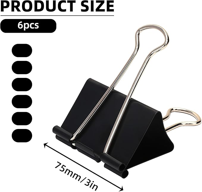 CllyCnny Jumbo Binder Clips - 3 Inch Extra Large Binder Clip 6 Pack Big Metal Paper Clamps Black for Office Supplies